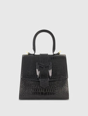 Black Buckled Medium Croco Leather Handbag with Detachable Strap