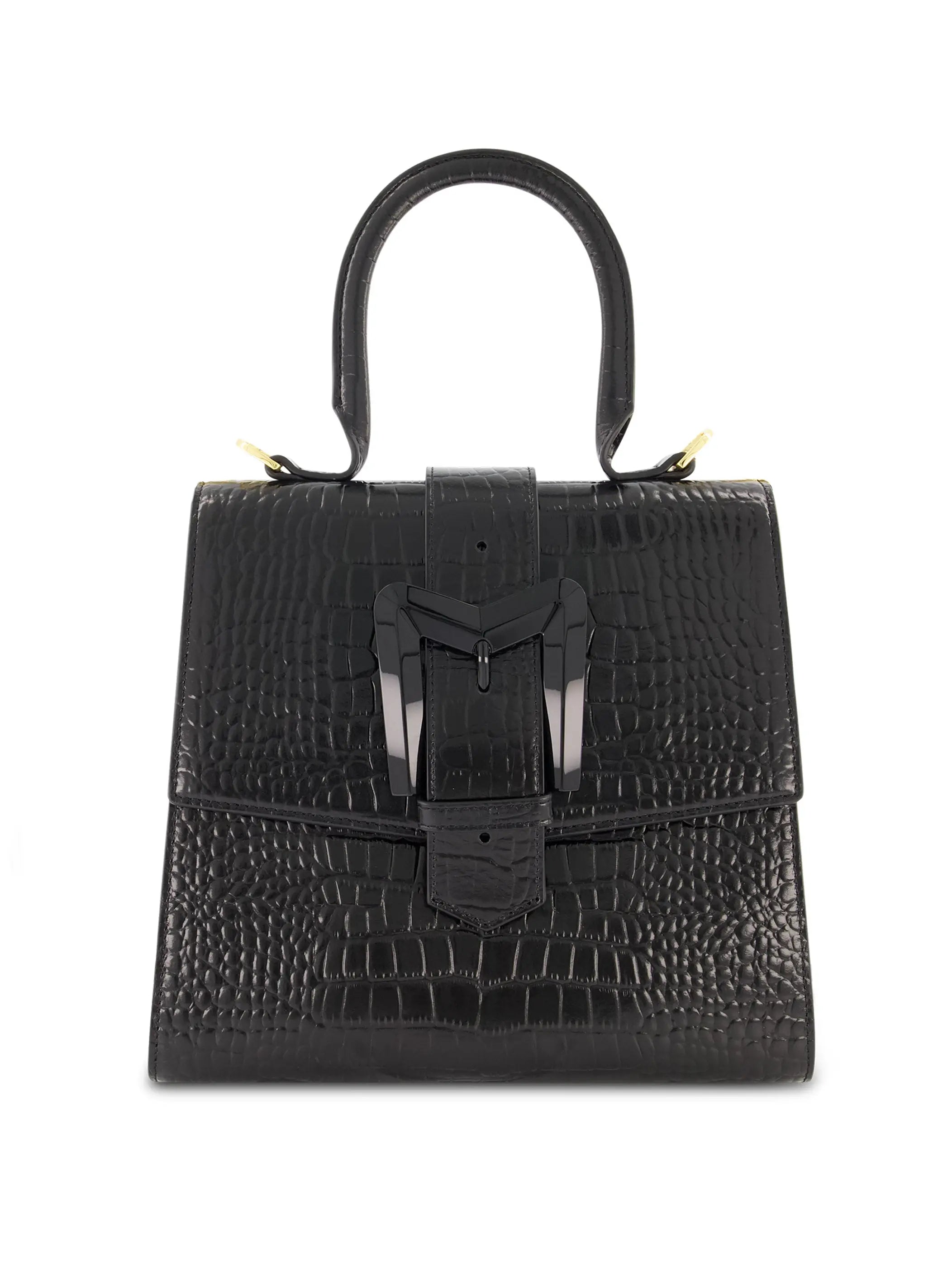 Black Buckled Medium Croco Leather Handbag with Detachable Strap