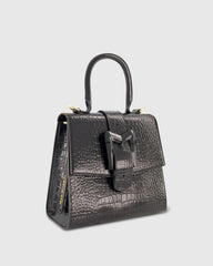 Black Buckled Medium Croco Leather Handbag with Detachable Strap