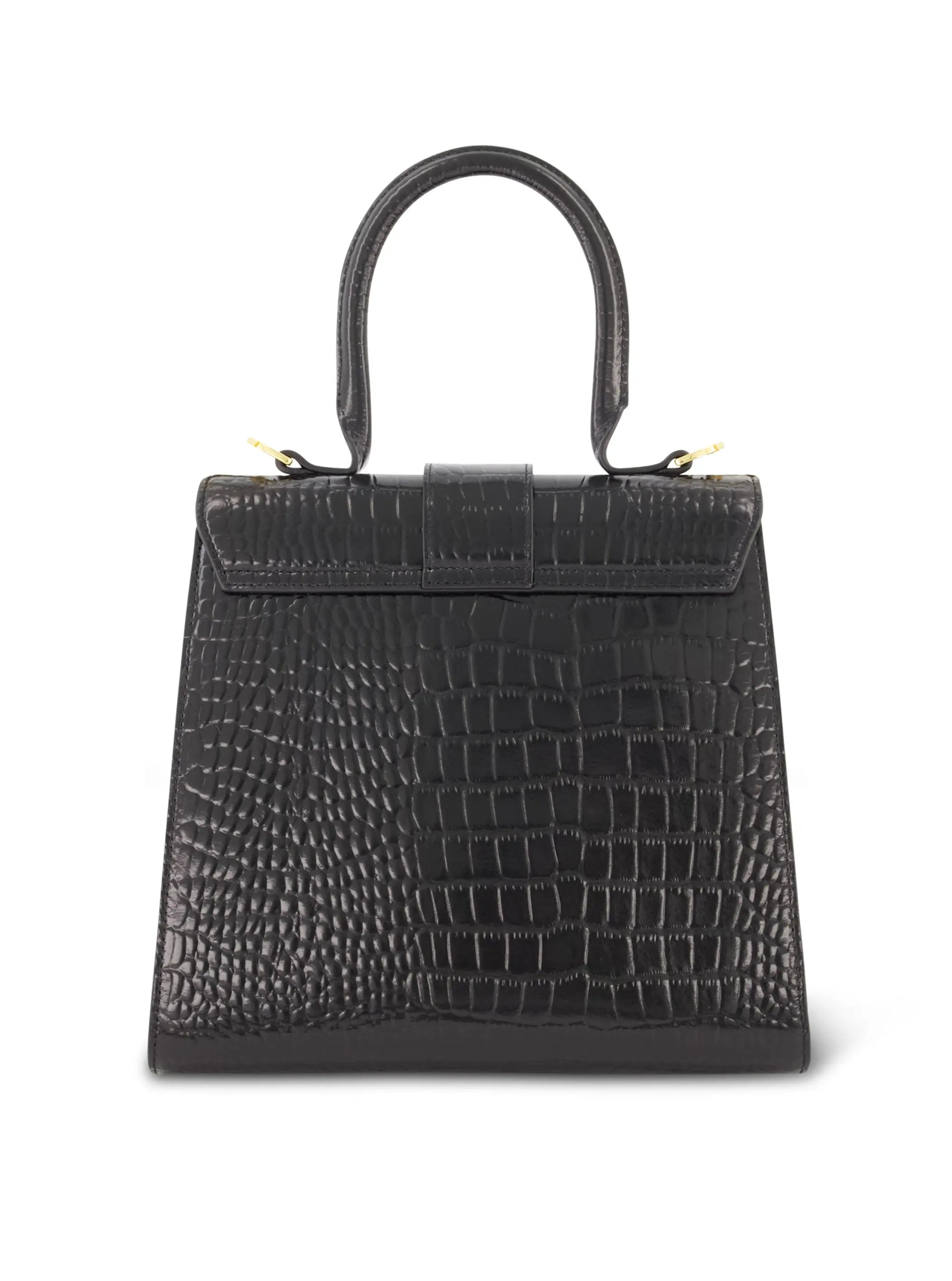 Black Buckled Medium Croco Leather Handbag with Detachable Strap