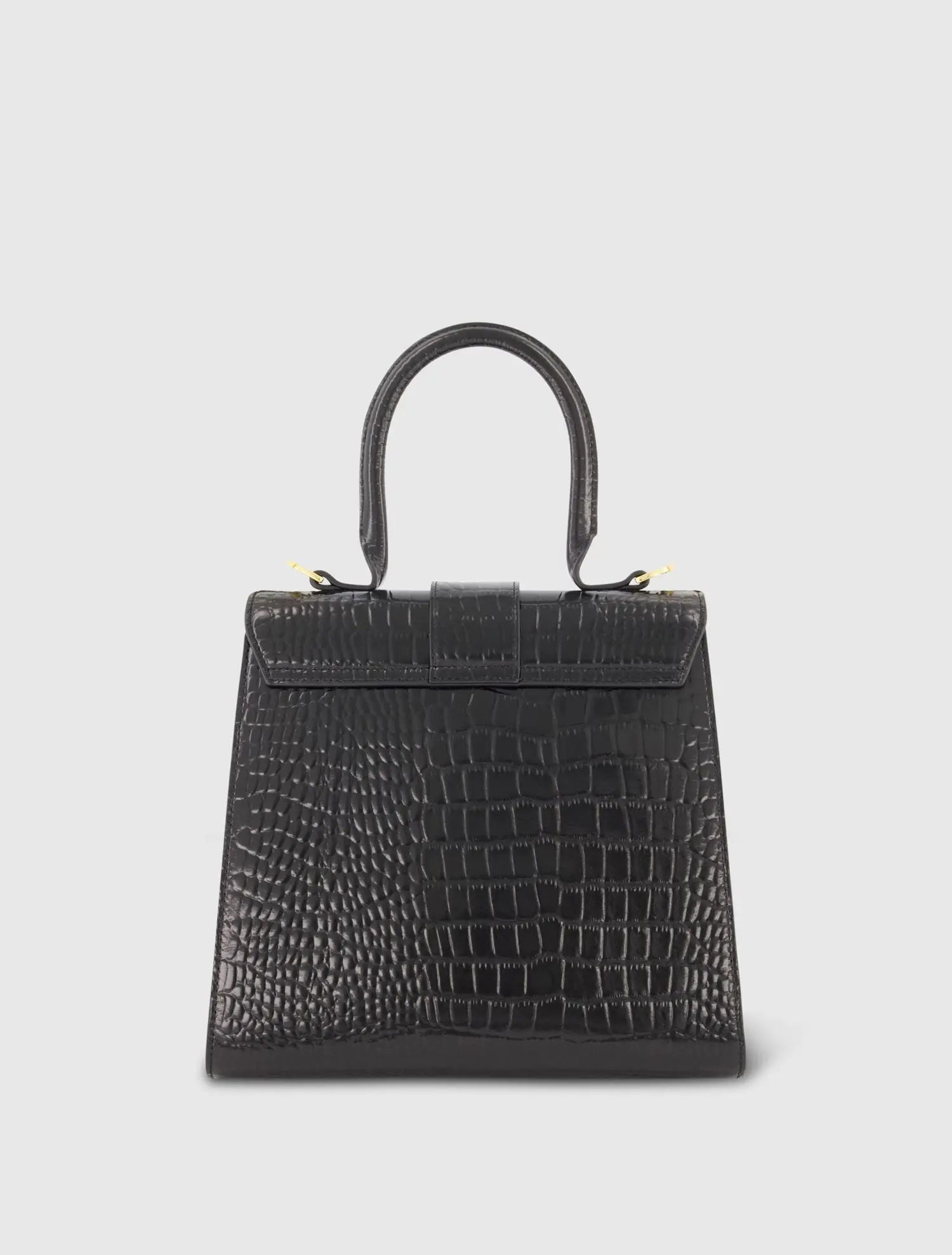 Black Buckled Medium Croco Leather Handbag with Detachable Strap