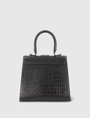 Black Buckled Medium Croco Leather Handbag with Detachable Strap