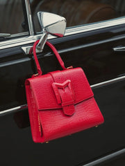 Red Buckled Medium Croco Leather Handbag with Detachable Strap