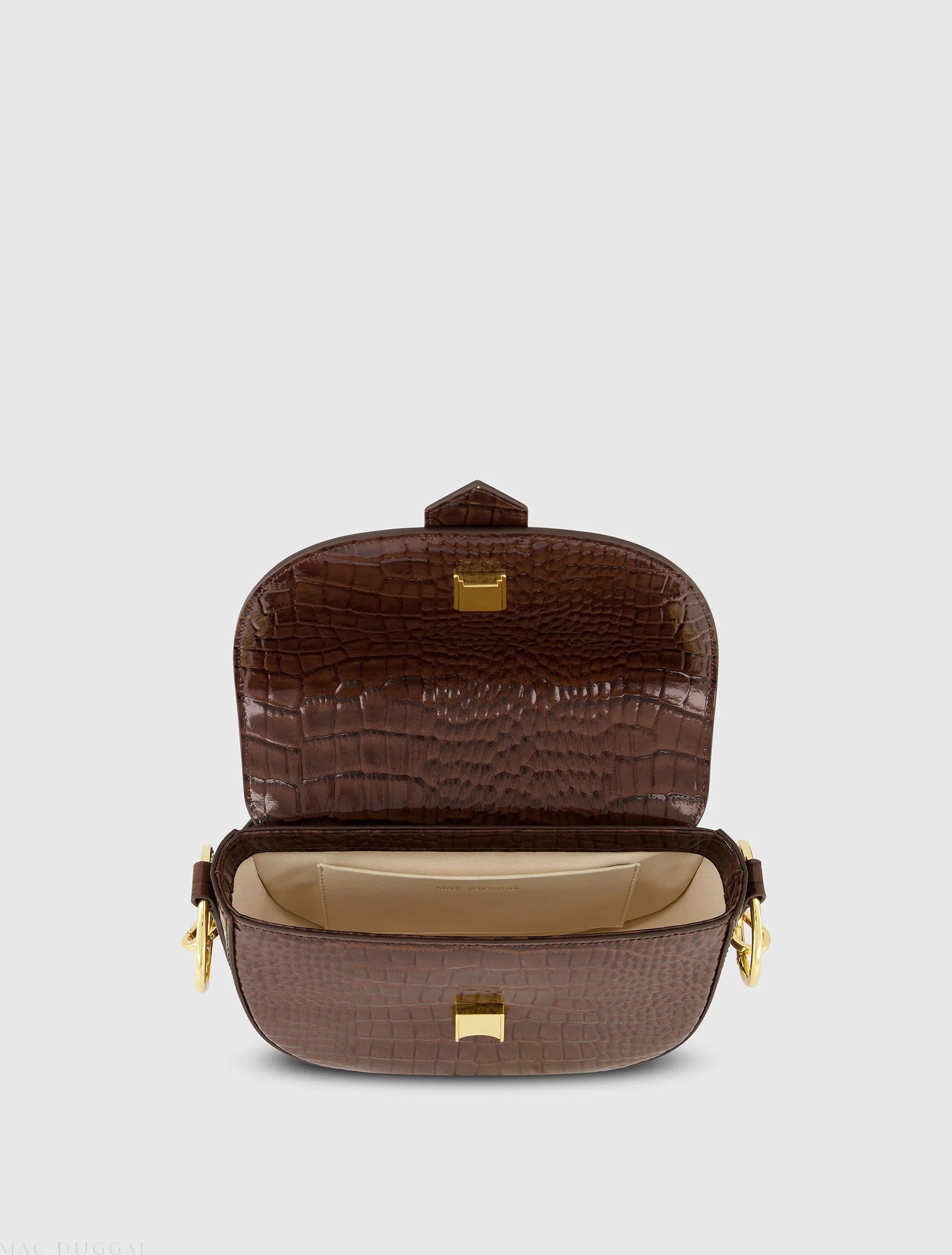 Brown Crocodile Leather Saddle Bag With Gold Hardware
