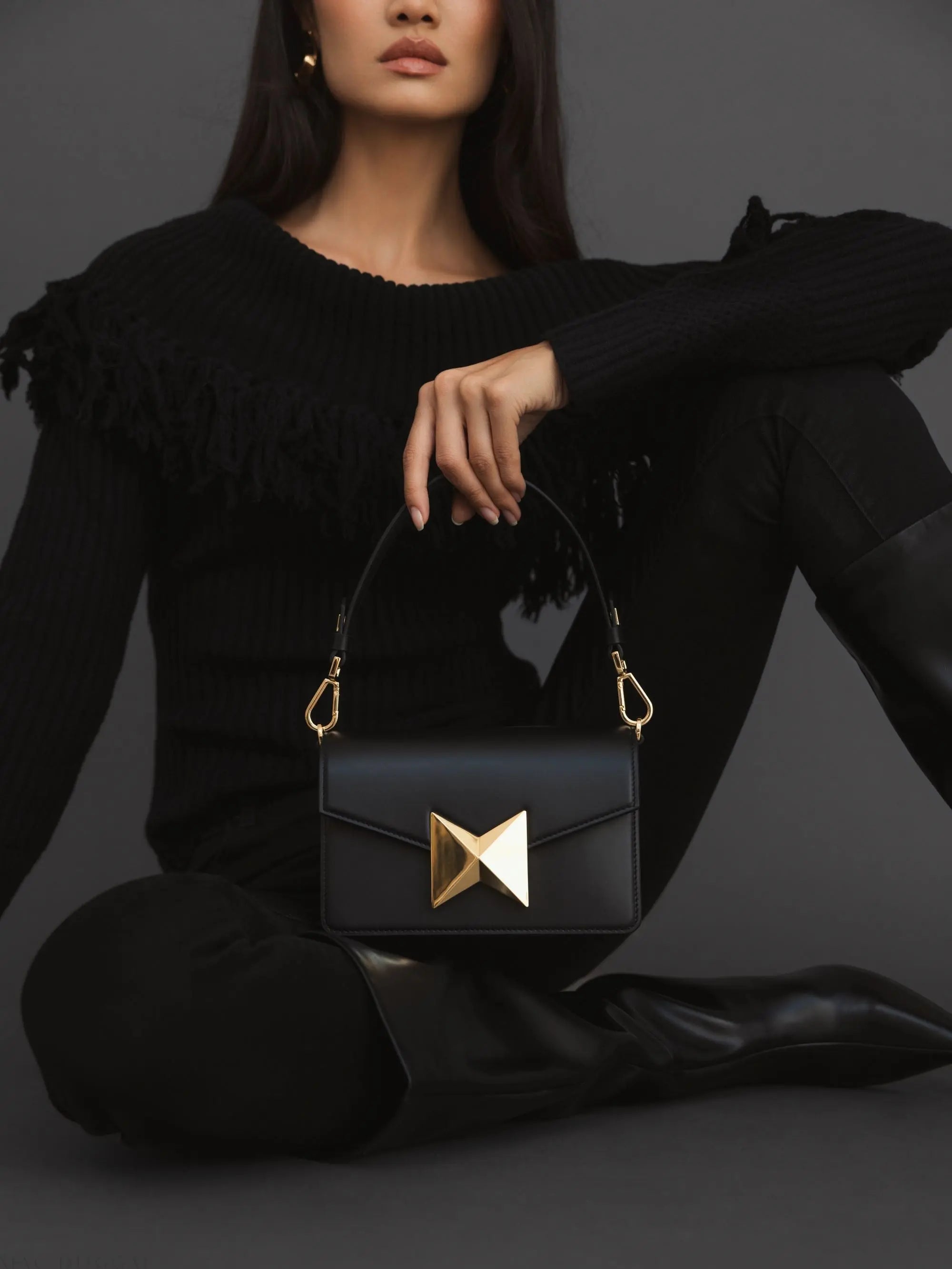 Black Mini Leather Shoulder Handbag With Gold Hardware