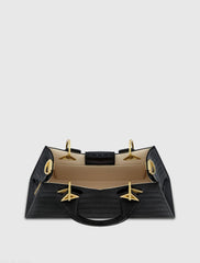 Black Crocodile Leather Handbag With Gold Hardware