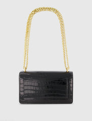 Black Crocodile Leather Shoulder Bag With Gold Hardware