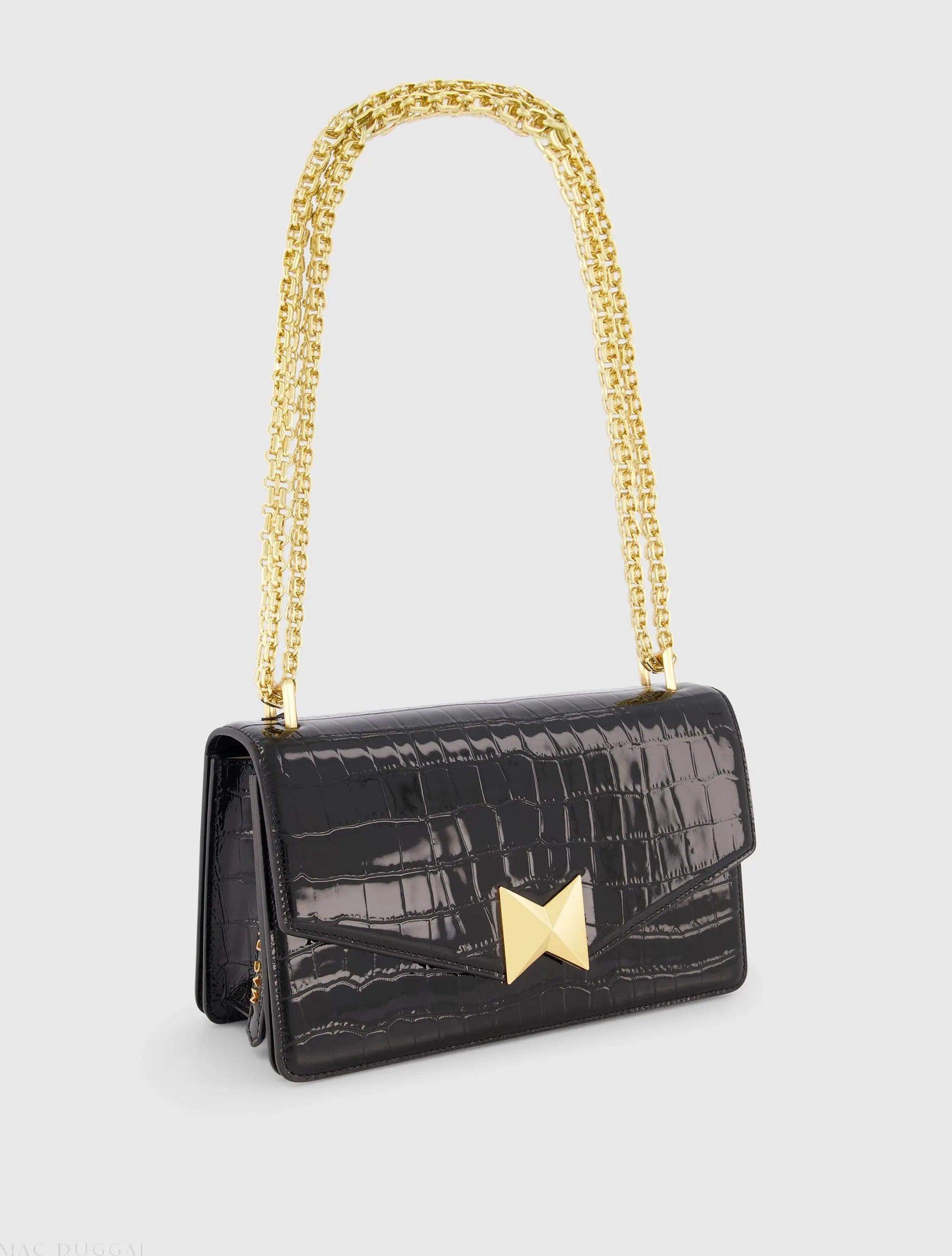 Black Crocodile Leather Shoulder Bag With Gold Hardware
