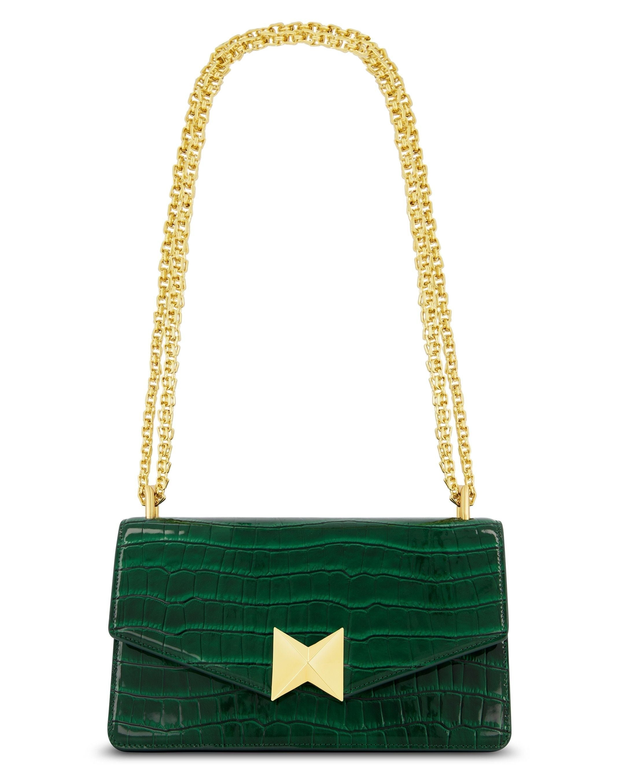 Green Crocodile Leather Shoulder Bag With Gold Hardware