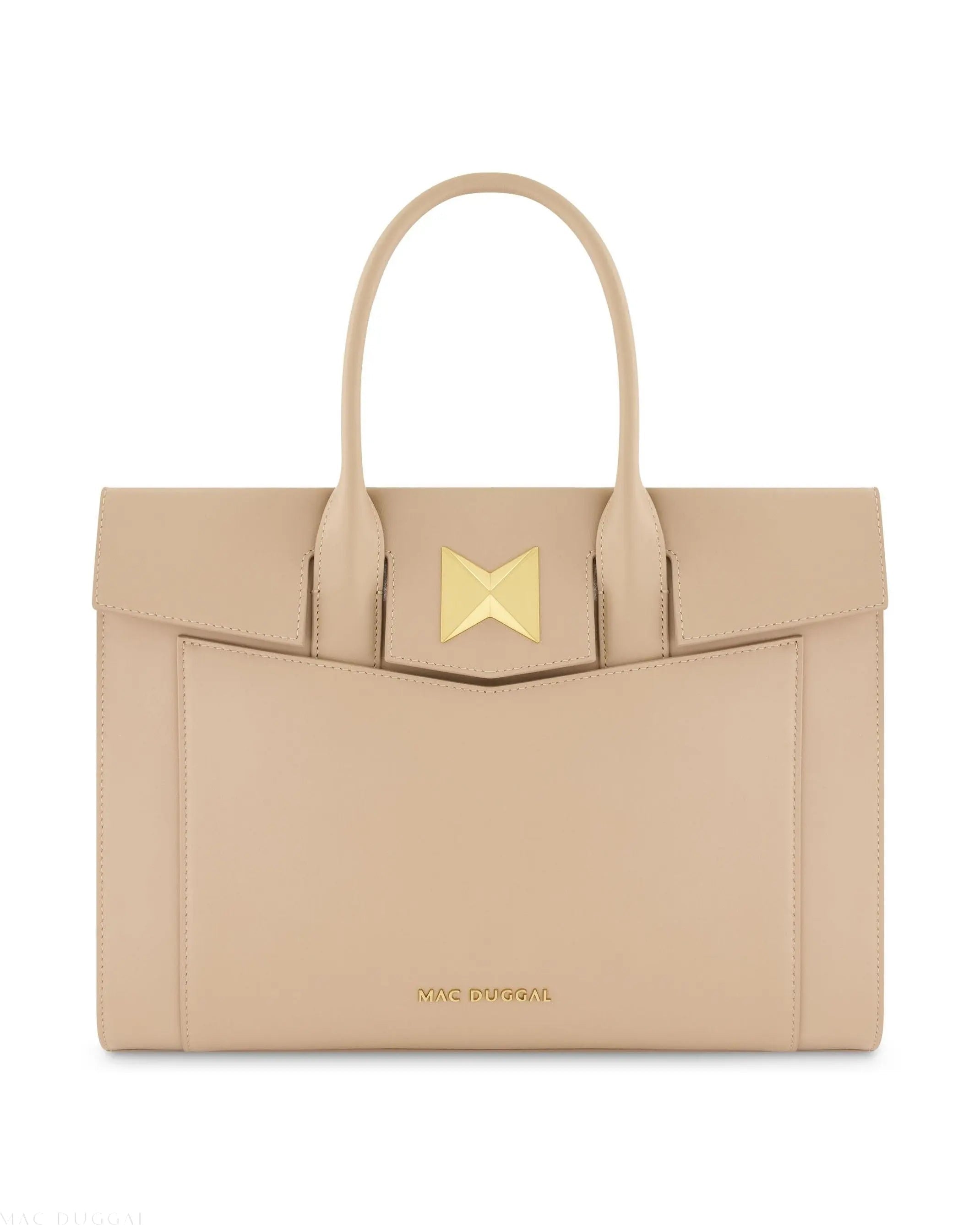 Beige Large Leather Briefcase Bag With Gold Hardware