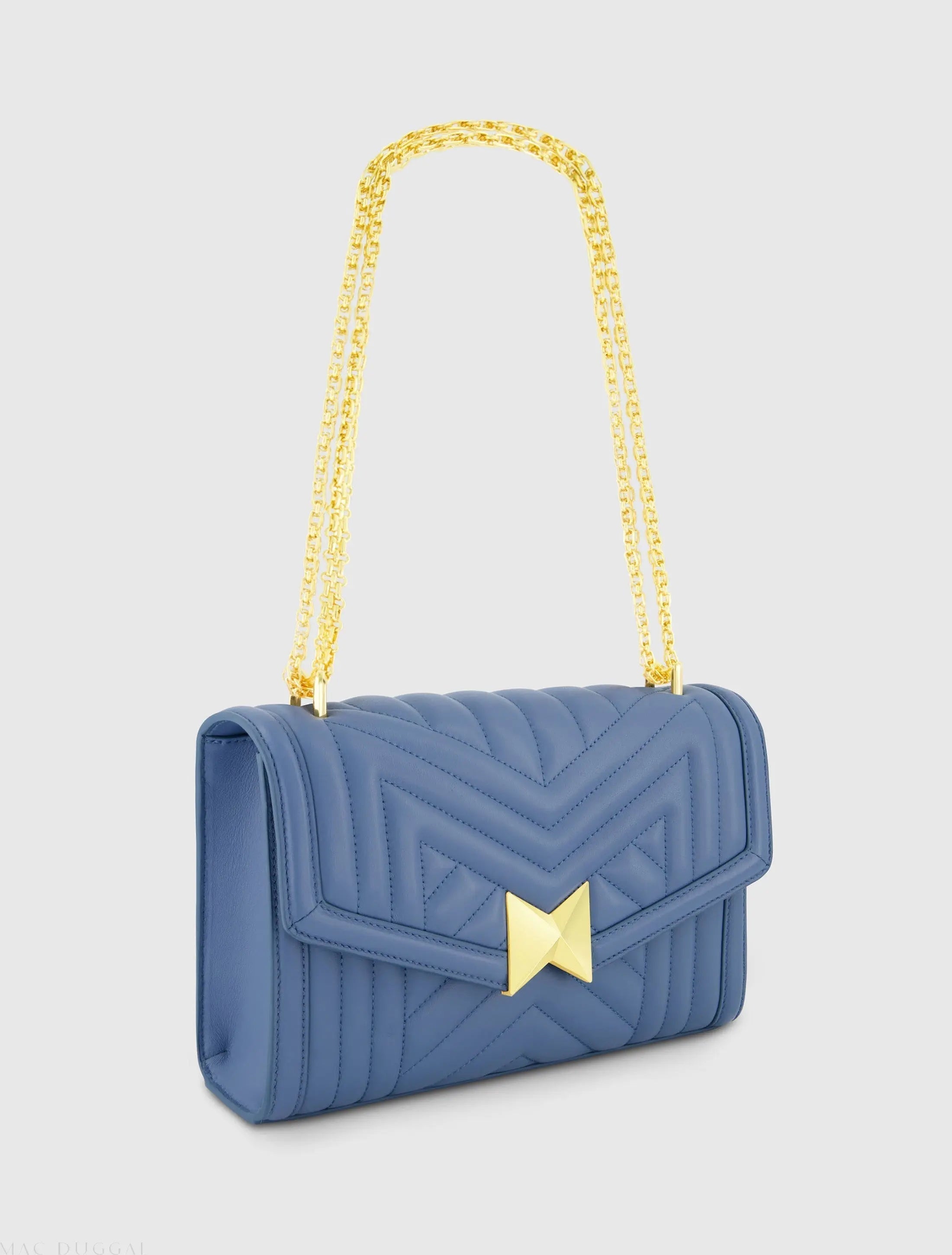 Blue Quilted Napa Leather Handbag With Gold Chain