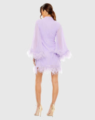 Purple High Neck Cape Sleeve Mini Dress with Feather Trim