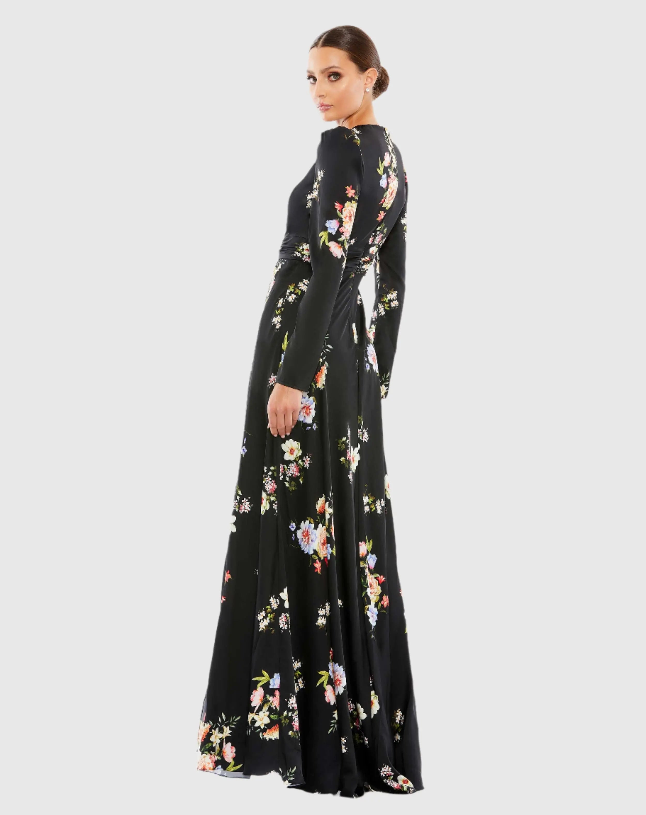 Black High Neck Long Sleeve Faux Wrap Gown