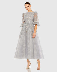Gray High Neck Puff Sleeve Embellished Dress