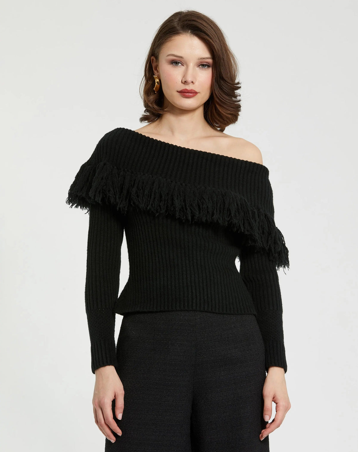 Black Off The Shoulder Fringe Knit Sweater