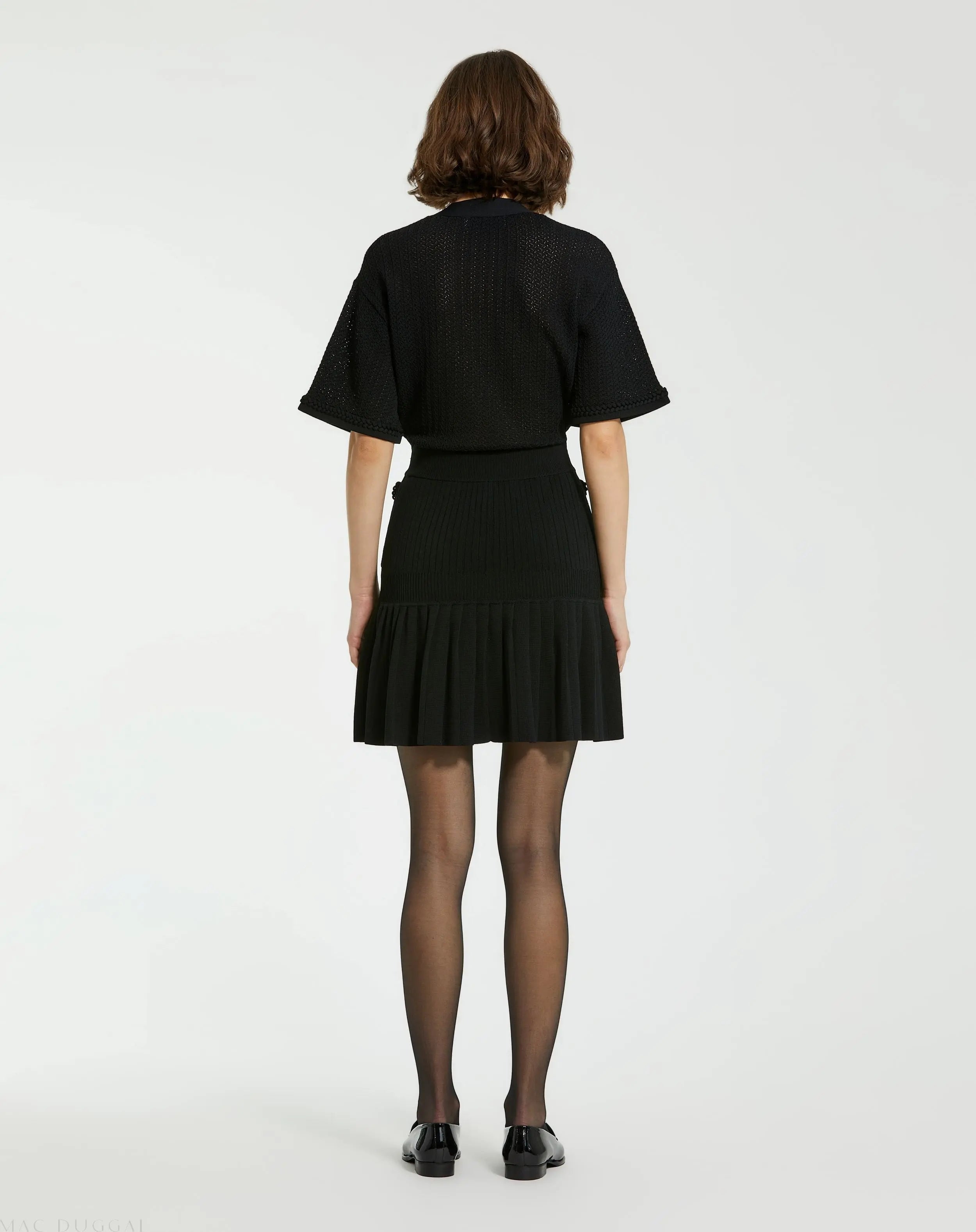 Black Short Sleeve Gold Button Front Crochet Knit Dress with Pleated Hem - FINAL SALE