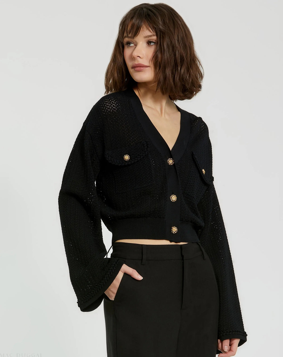 Black Crochet Knit Flare Long Sleeve Gold Button Cropped Cardigan