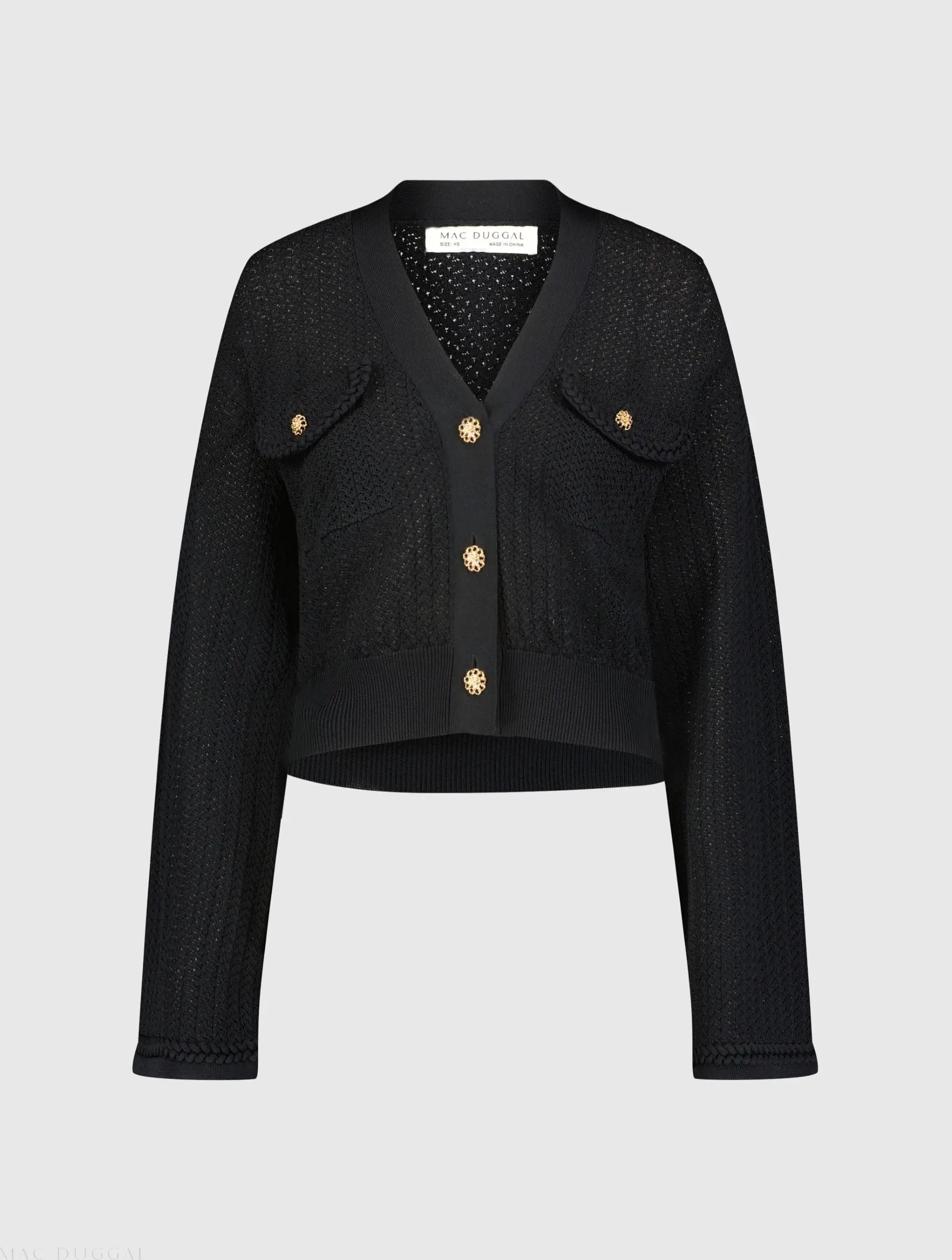 Black Crochet Knit Flare Long Sleeve Gold Button Cropped Cardigan