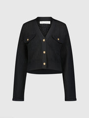 Black Crochet Knit Flare Long Sleeve Gold Button Cropped Cardigan