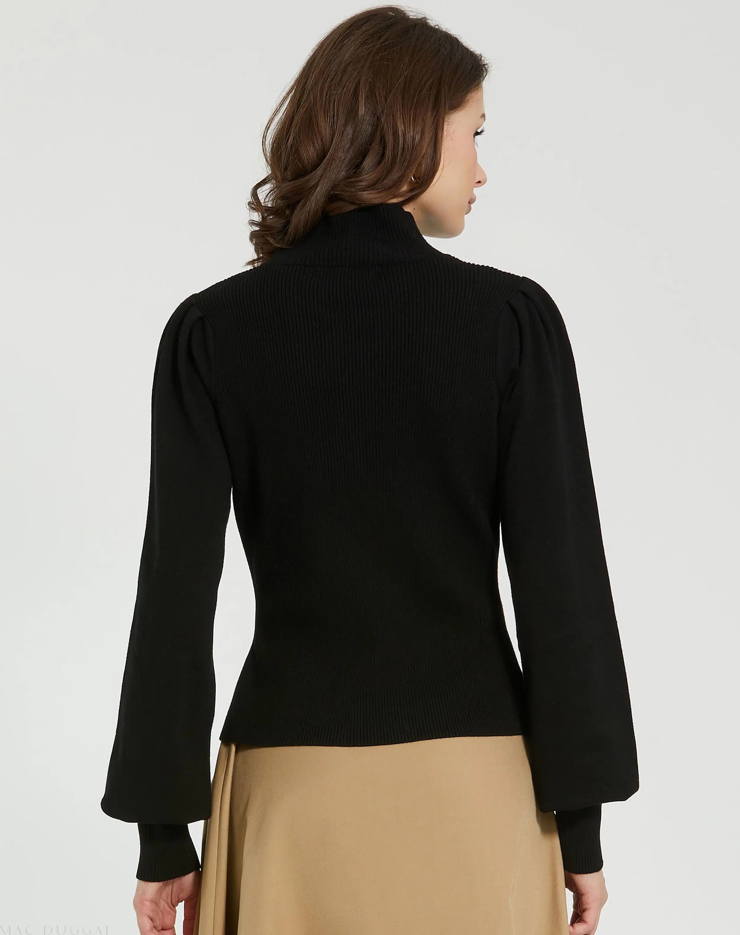 Black Ribbed Knit Balloon Sleeve Turtle Neck Sweater - FINAL SALE