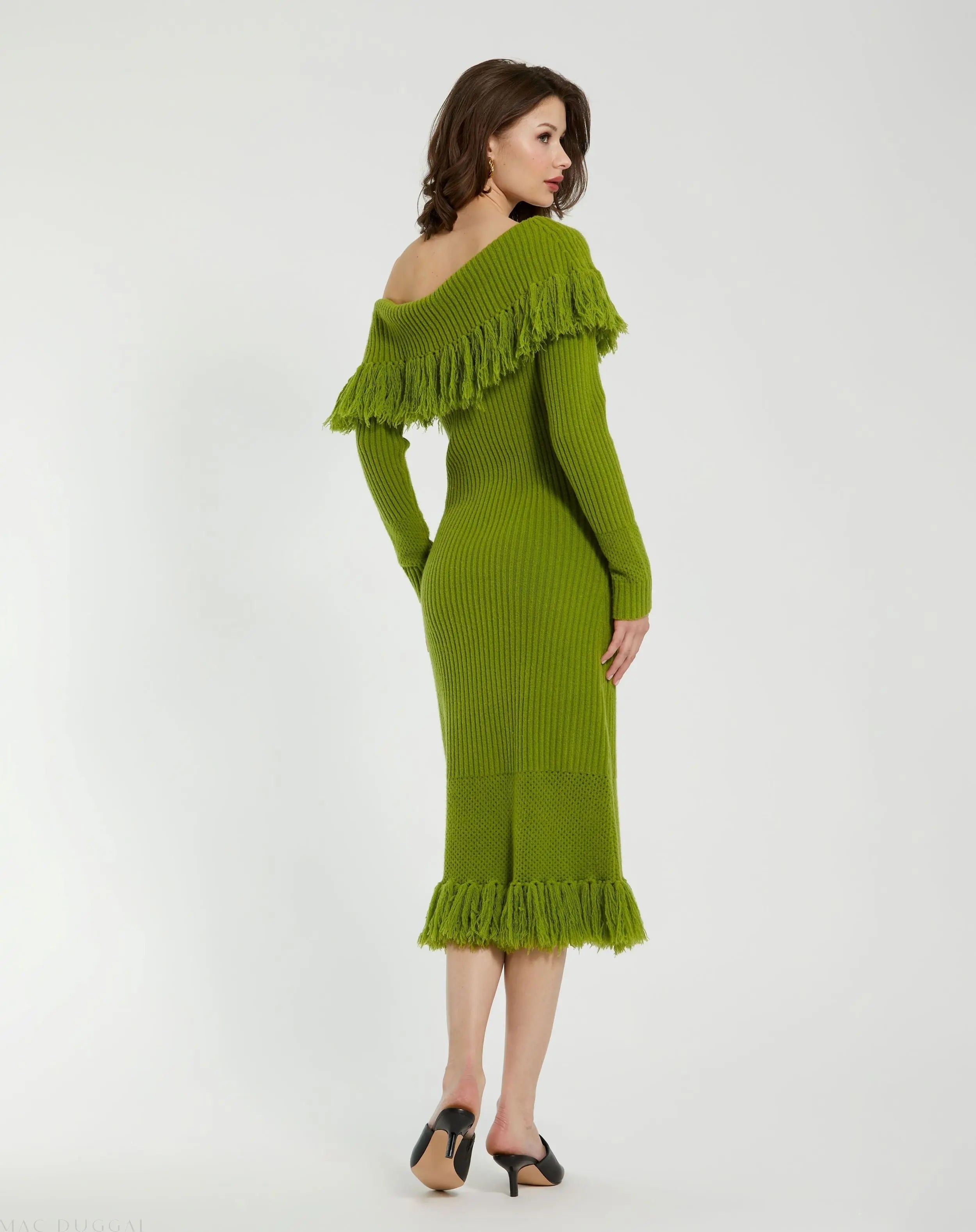 Green Off The Shoulder Fringe Long Sleeve Knit Dress
