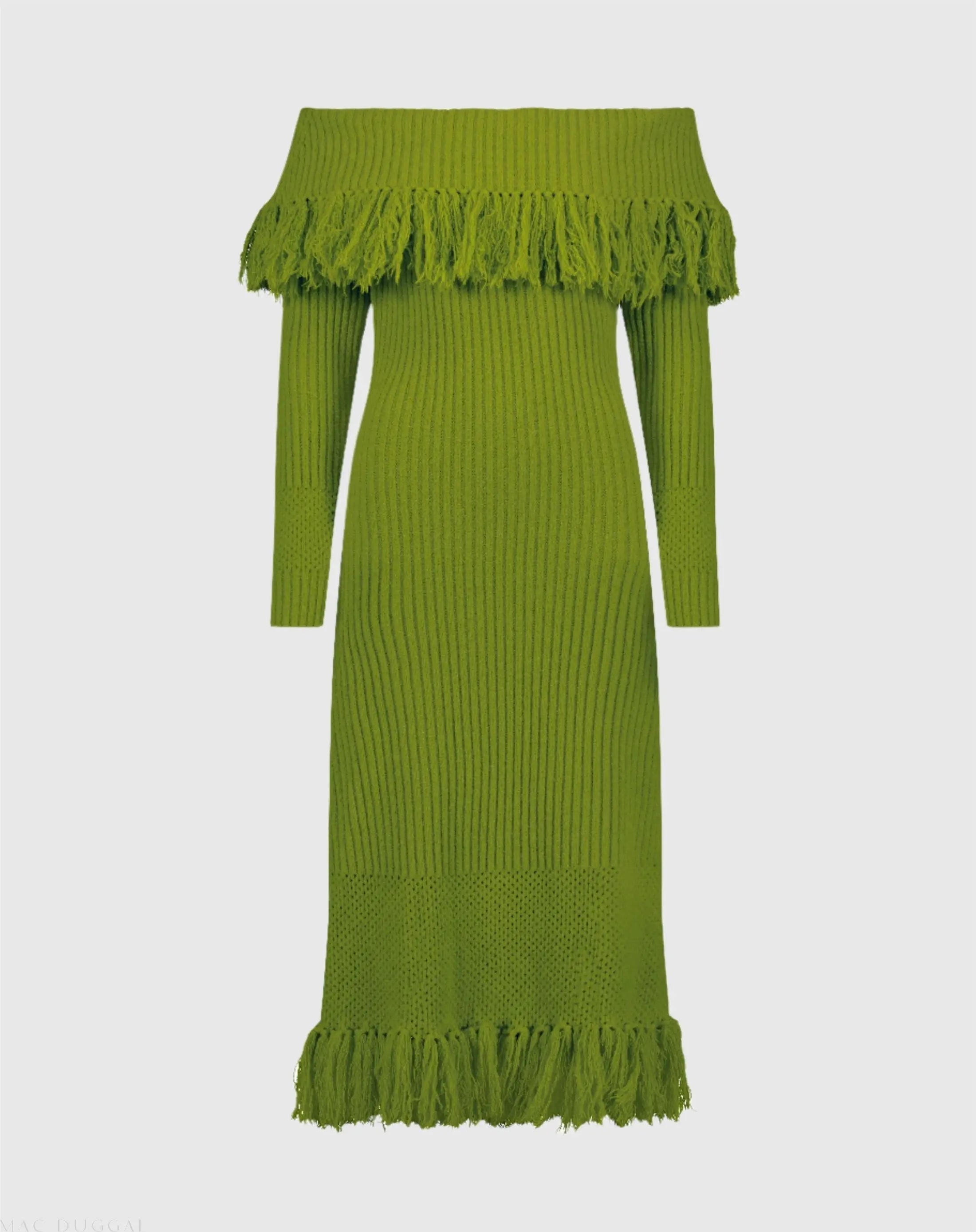 Green Off The Shoulder Fringe Long Sleeve Knit Dress
