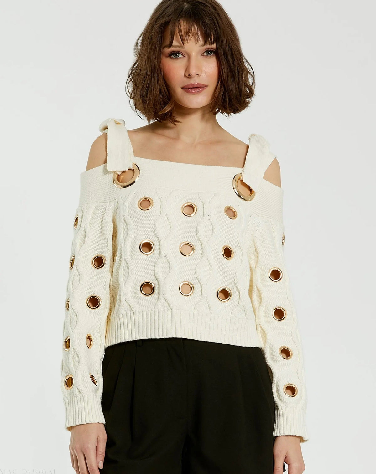 Ivory Chunky Knit Off The Shoulder Grommet Cropped Sweater - FINAL SALE