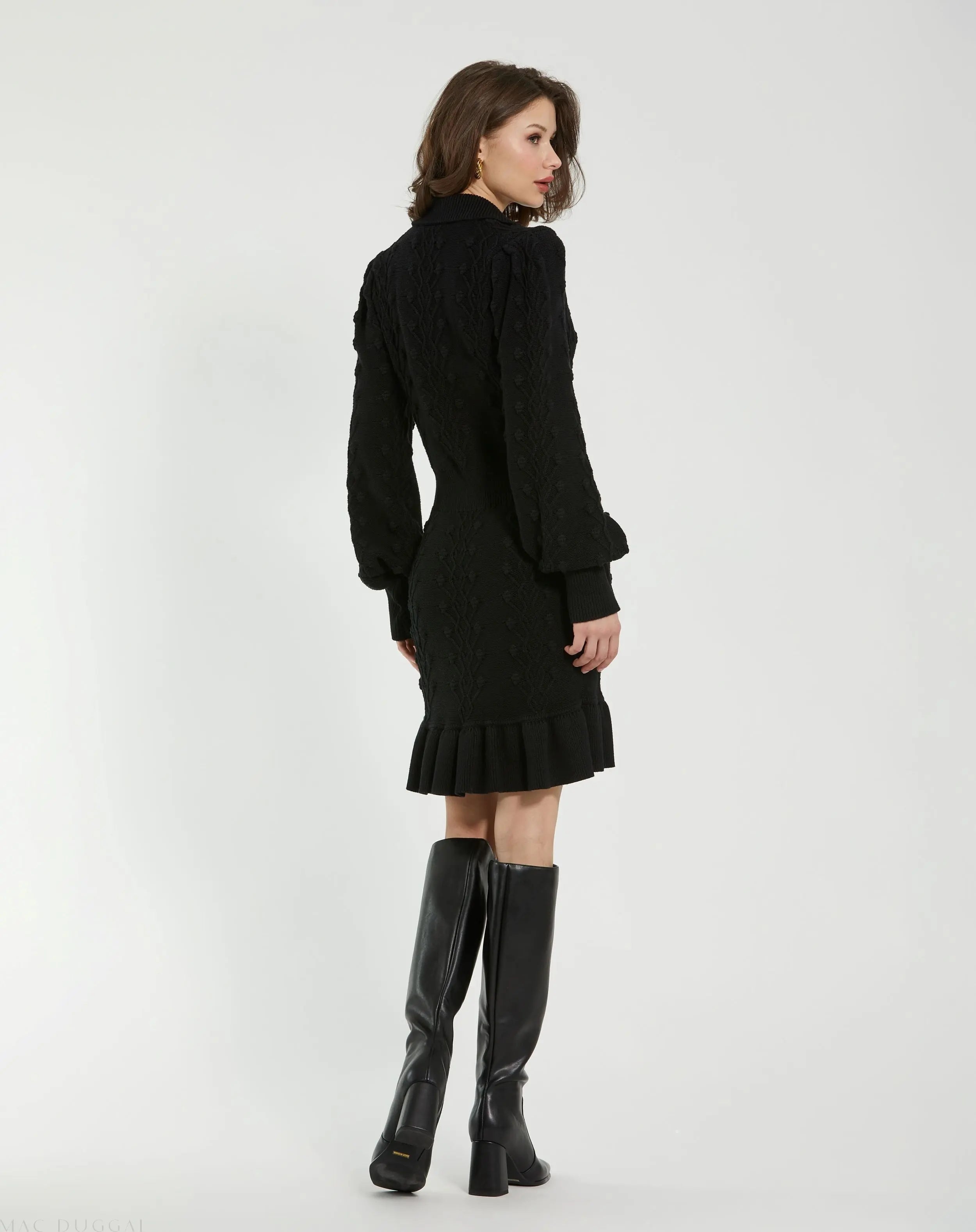 Black Long Sleeve Button Up Collared Bobble Knit Sweater Dress