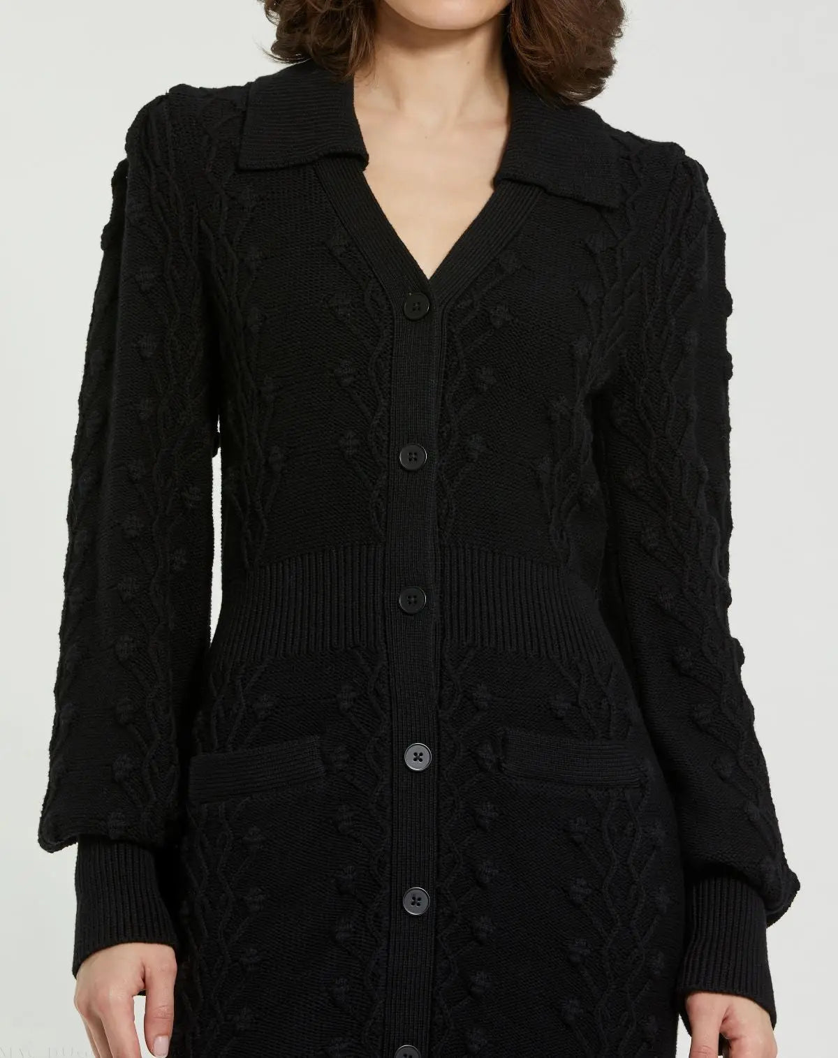 Black Long Sleeve Button Up Collared Bobble Knit Sweater Dress
