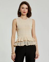 Beige Sleeveless High Neck Knit Top With Ruffle Hem