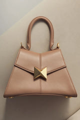 Brown Angular Small Leather Handbag With Gold Hardware