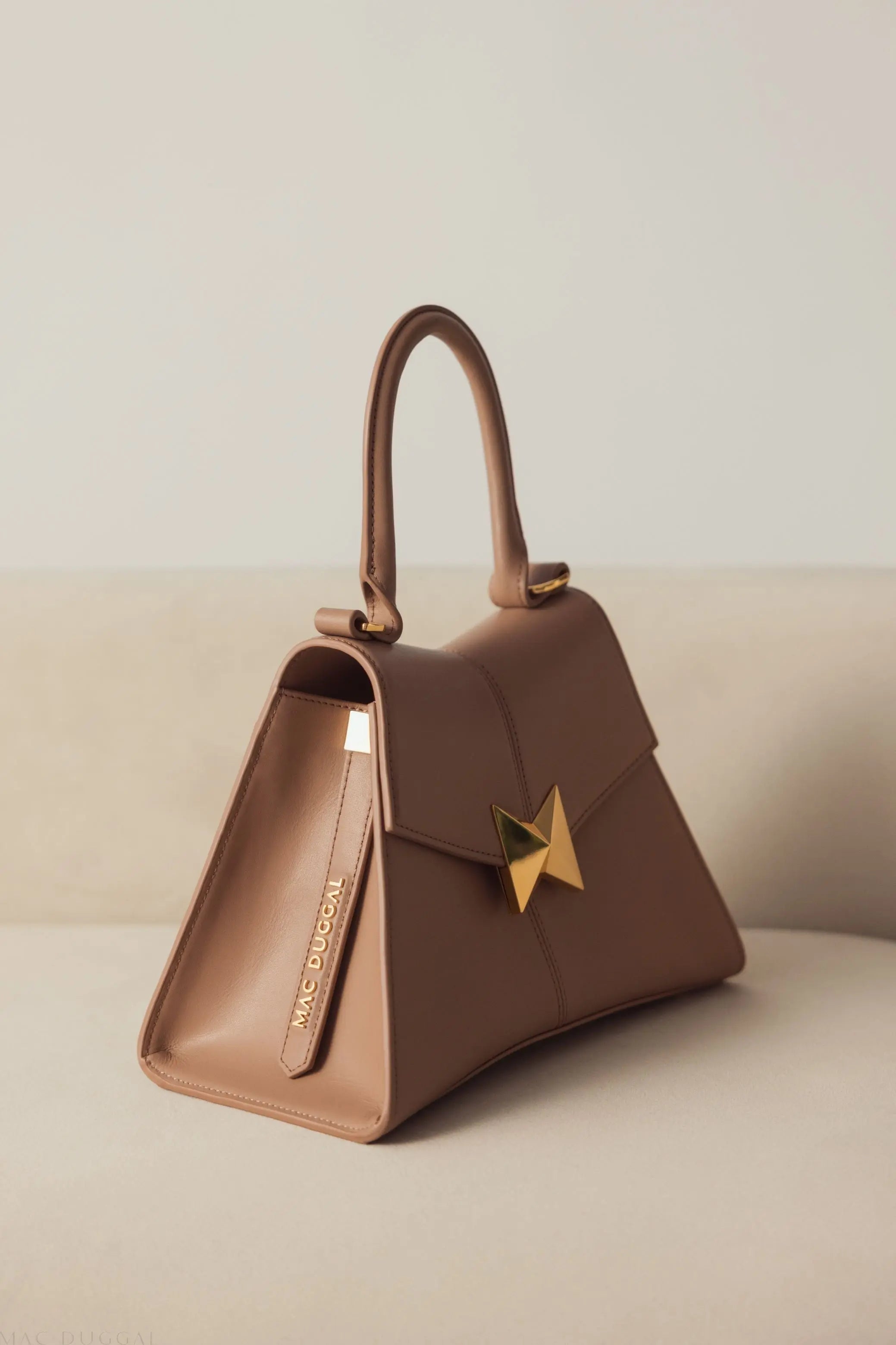 Brown Angular Small Leather Handbag With Gold Hardware