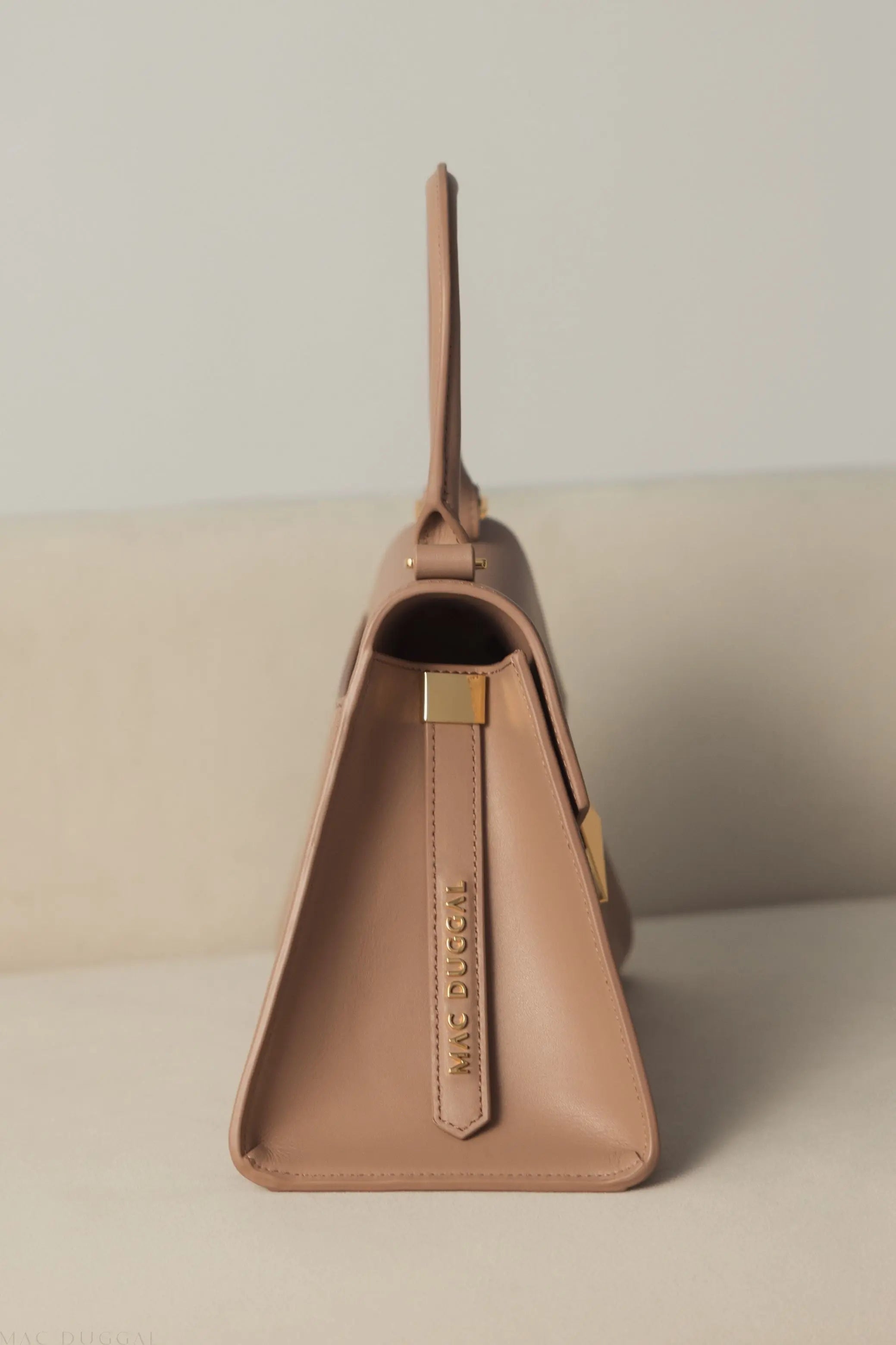 Brown Angular Small Leather Handbag With Gold Hardware