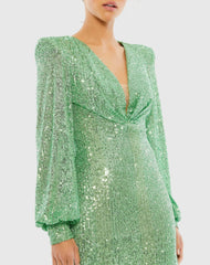 Green Sequined Structured Bishop Sleeve Mini Dress