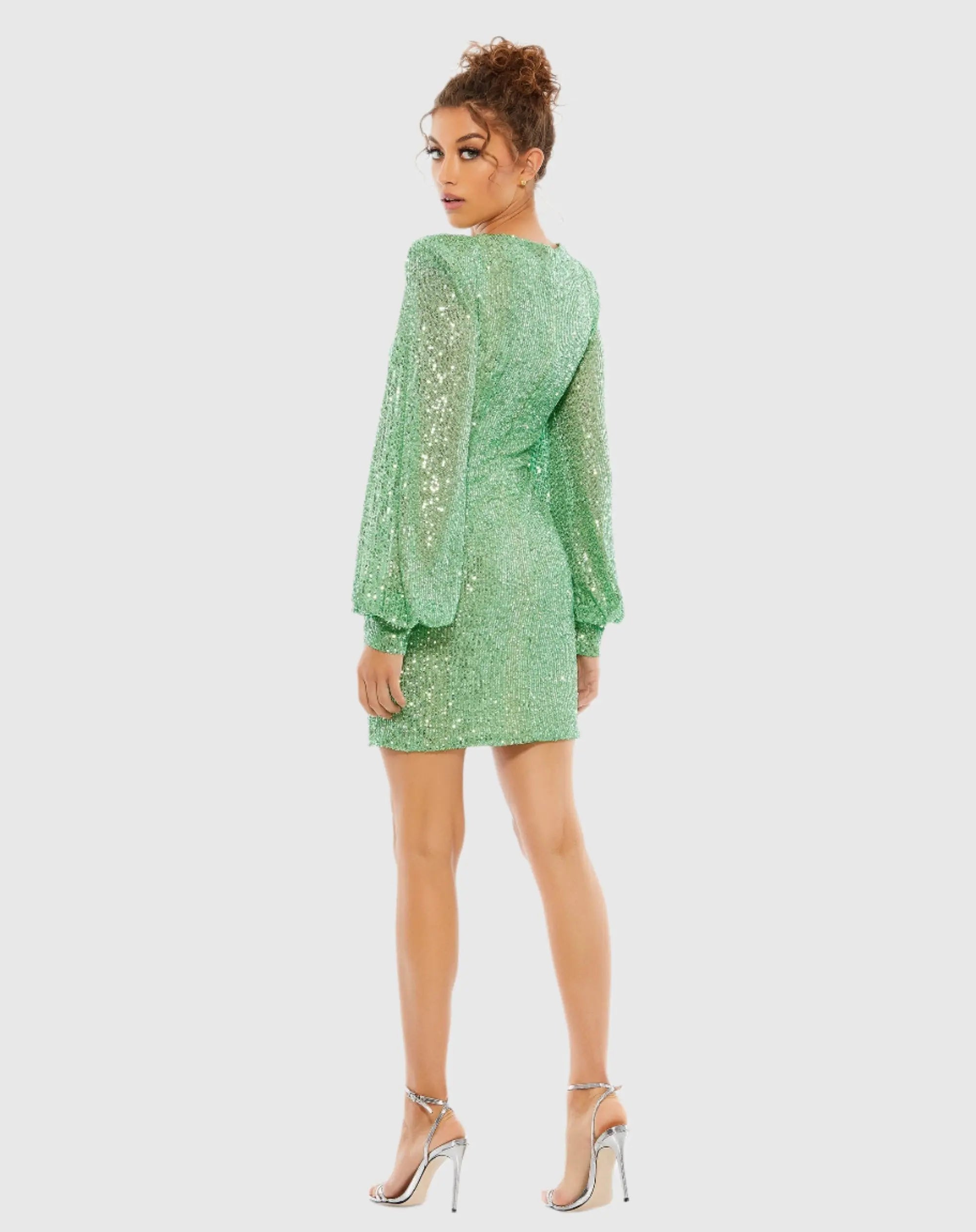 Green Sequined Structured Bishop Sleeve Mini Dress