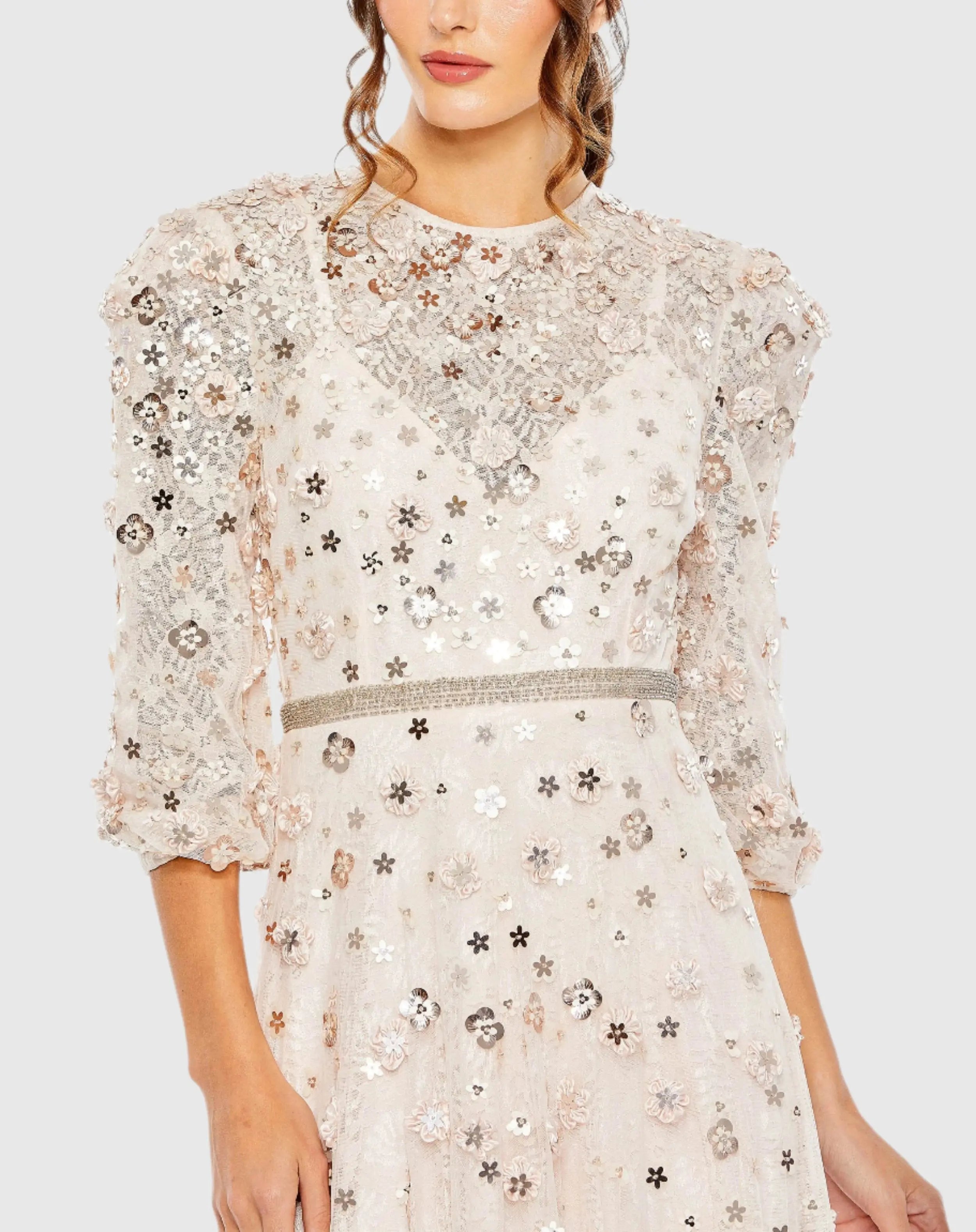 Pink Floral Applique Puff Sleeve High Neck A-Line Gown