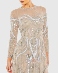 Beige Long Sleeve Embellished Illusion Evening Gown