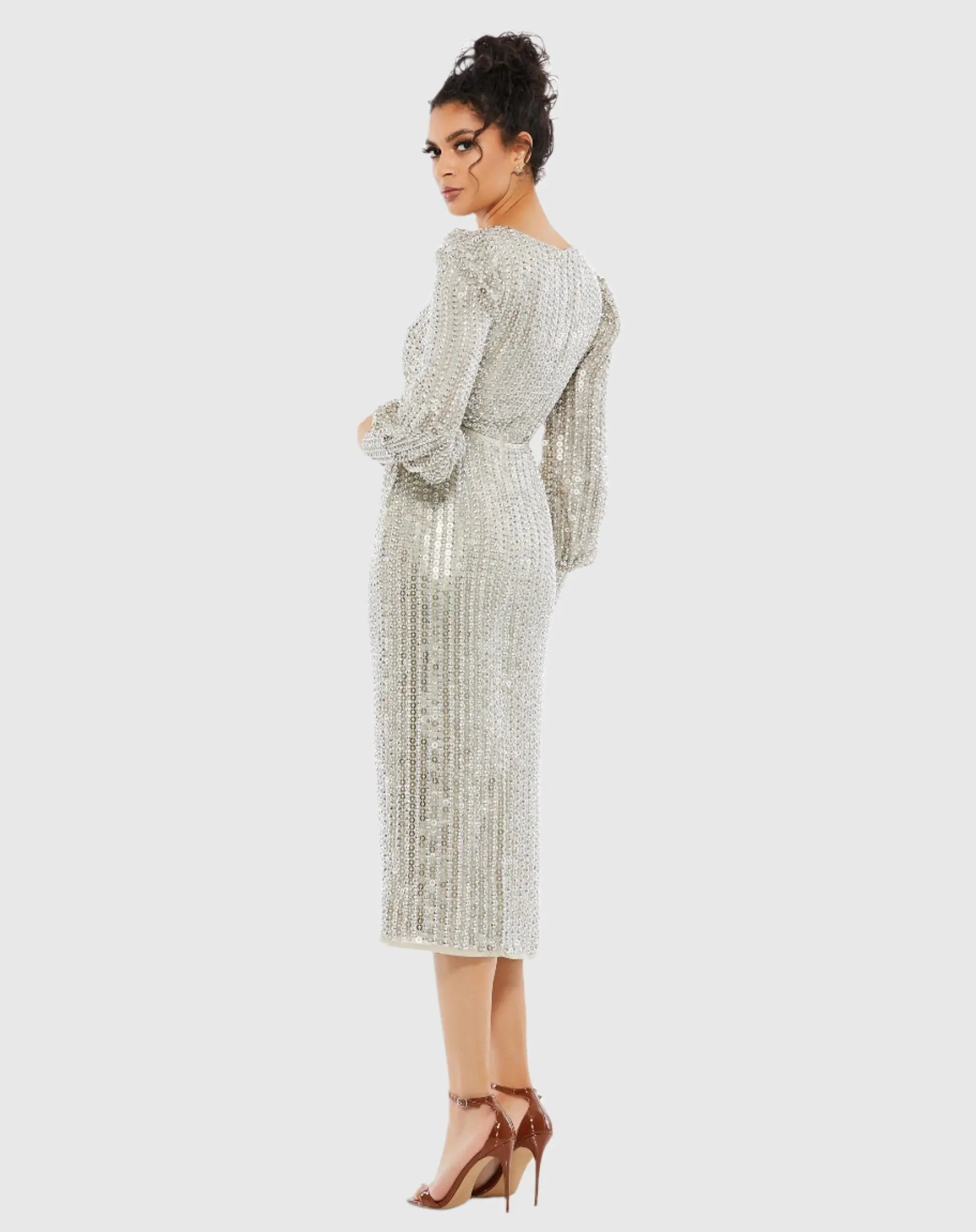 Silver Long Sleeve Midi Dress