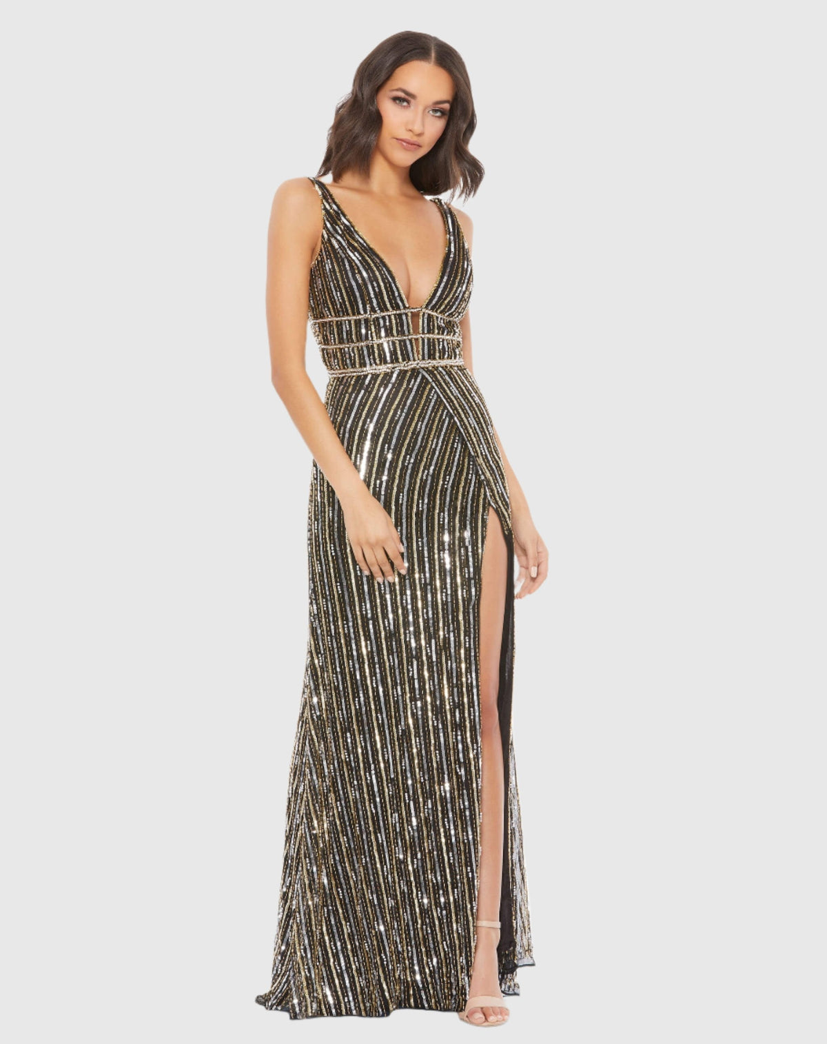 Metallic Embellished Plunge Neck Open Back Gown