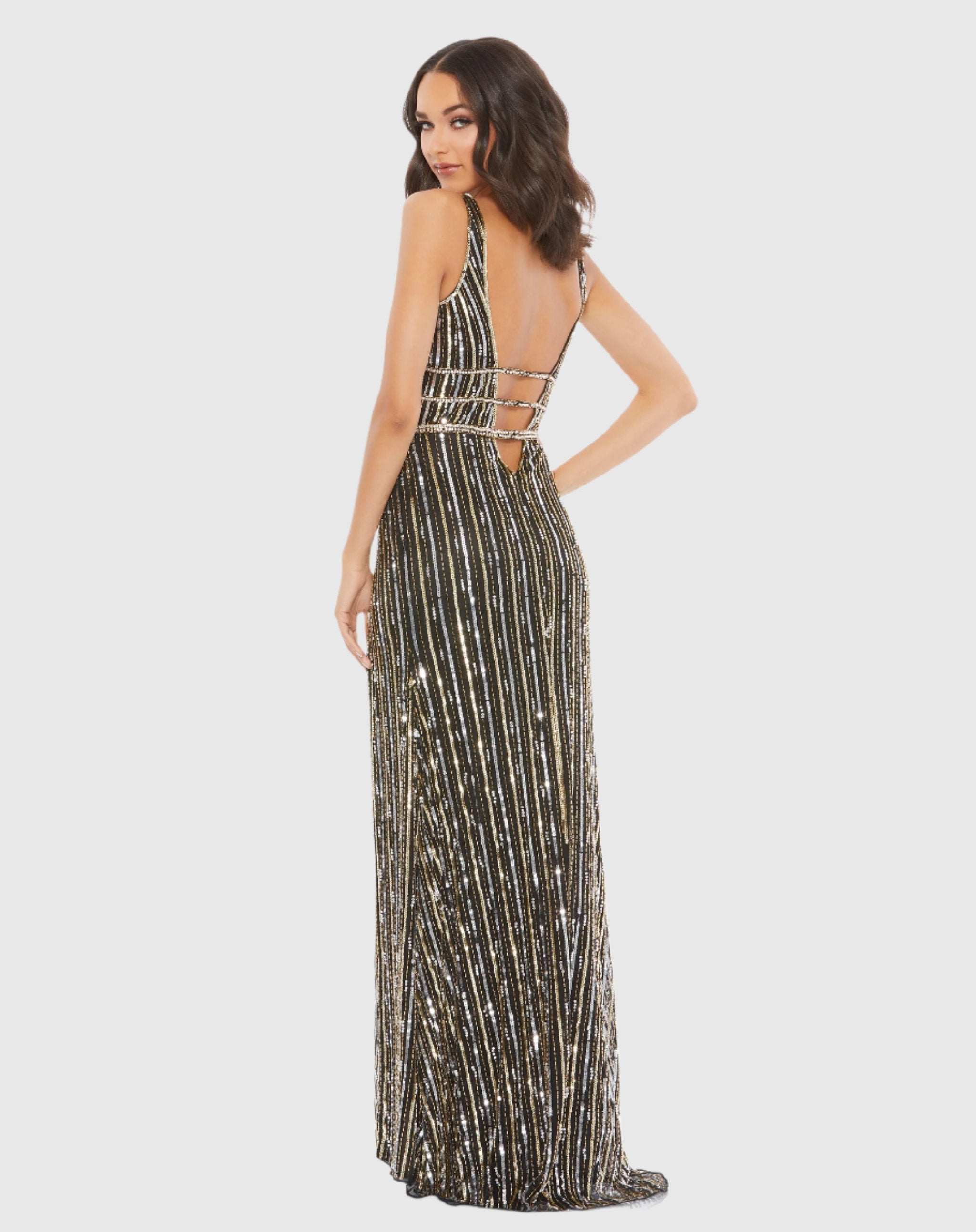Metallic Embellished Plunge Neck Open Back Gown