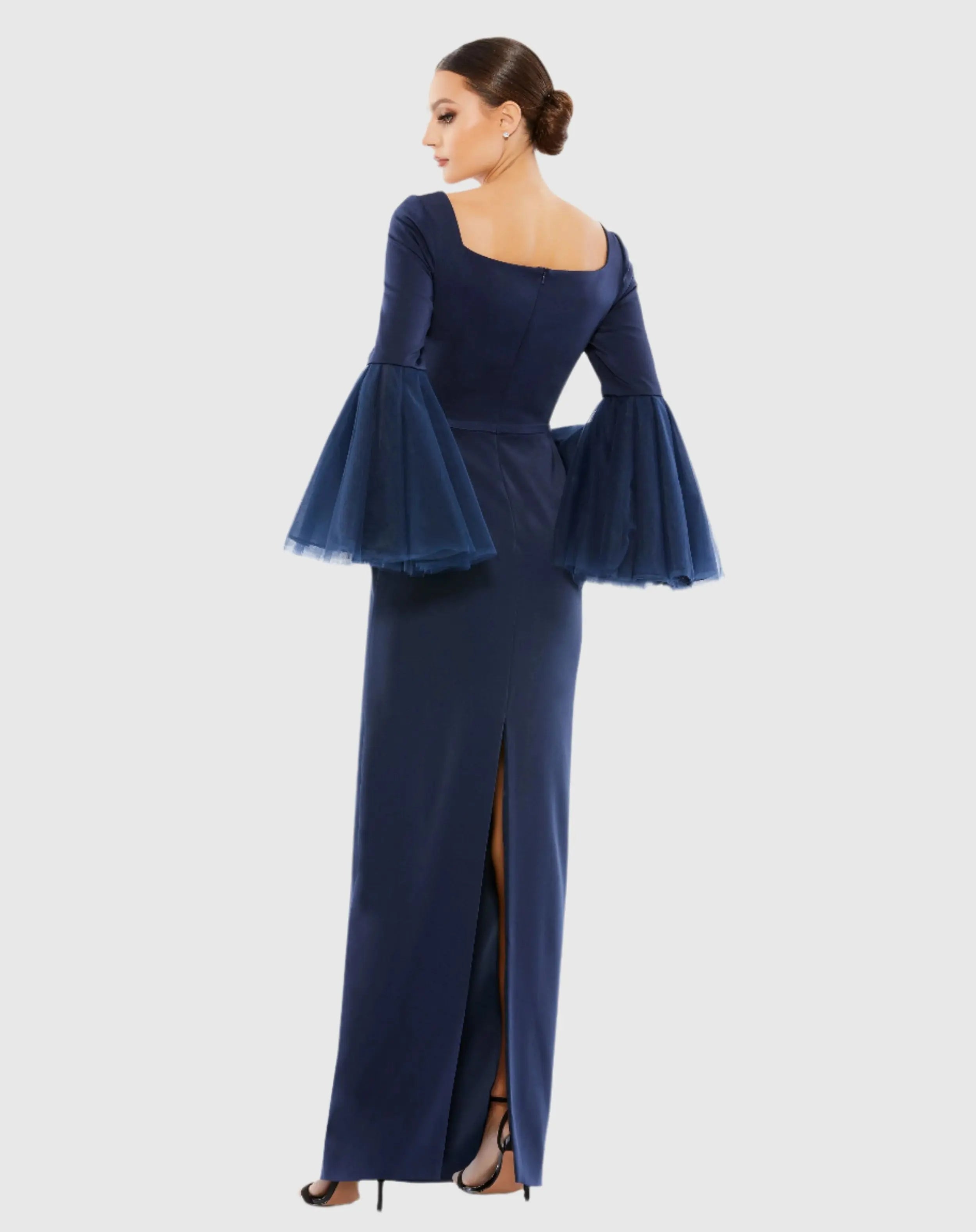 Navy Flounce Sleeve Square Neck Column Gown