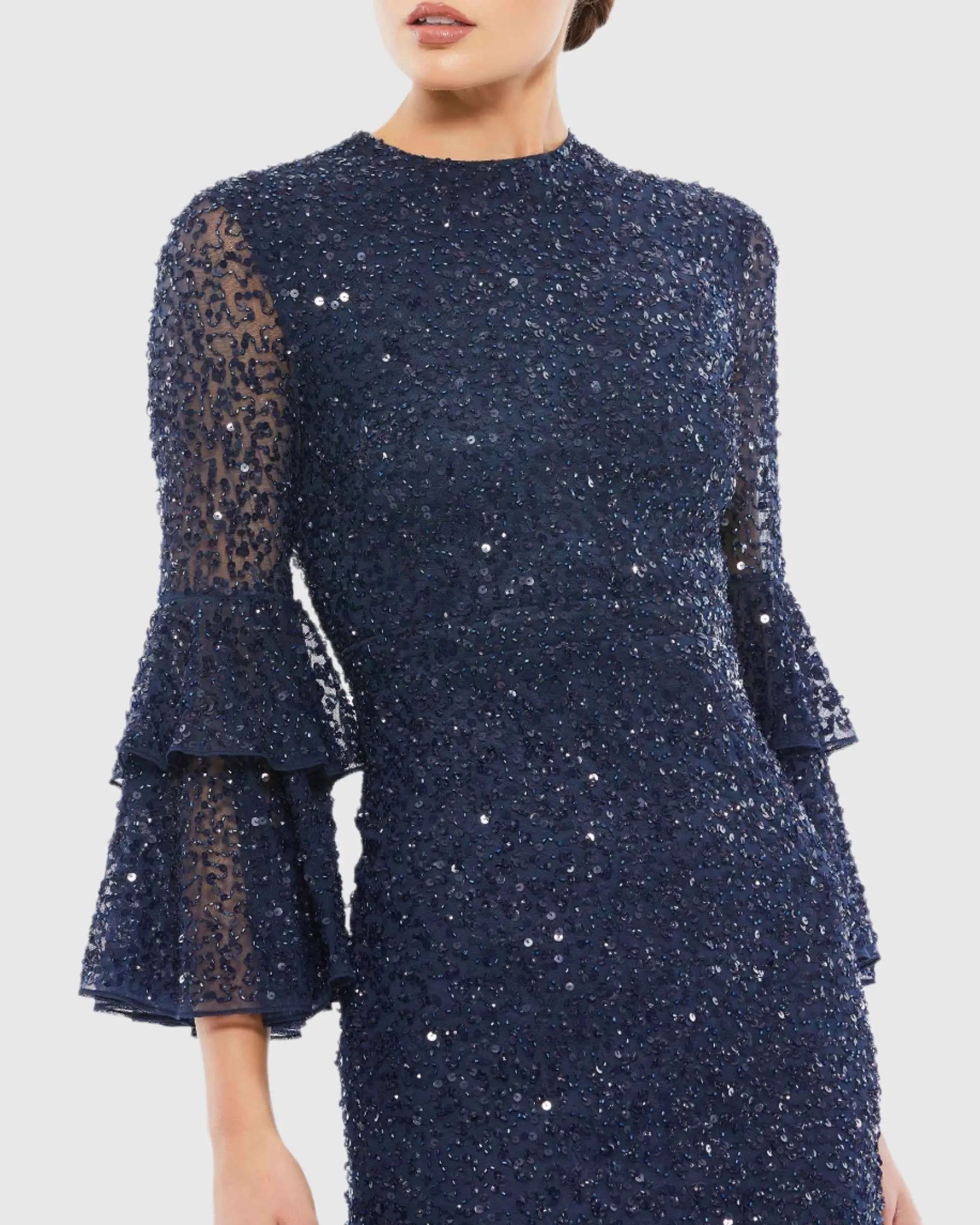 Navy Fully Sequined Ruffle Tiered 3/4 Sleeve Midi Dress