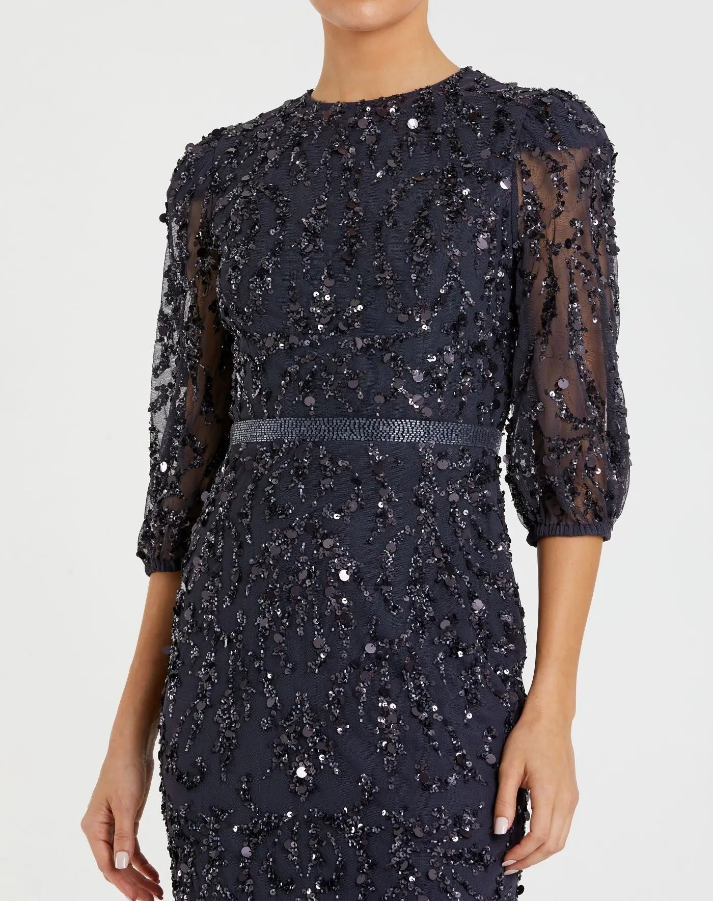 Navy Elbow Length Sleeve Embellished Gown