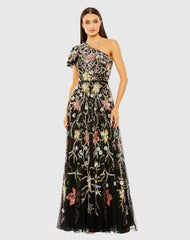 Black One Shoulder Beaded Floral Gown
