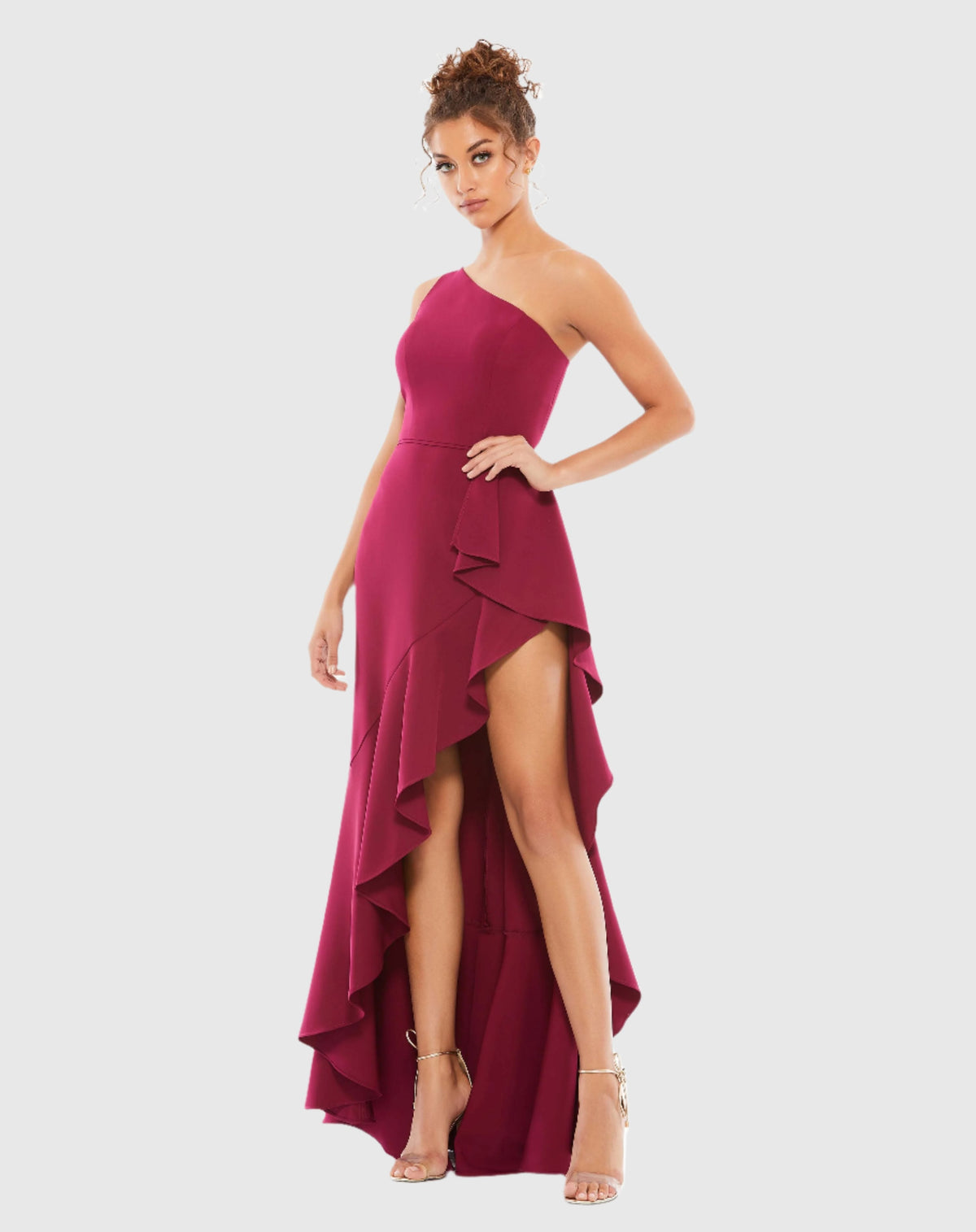 Purple One Shoulder High Slit Ruffle Gown