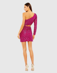 Pink One Sleeve Cut-Out Draped Front Beaded Mini Dress - FINAL SALE