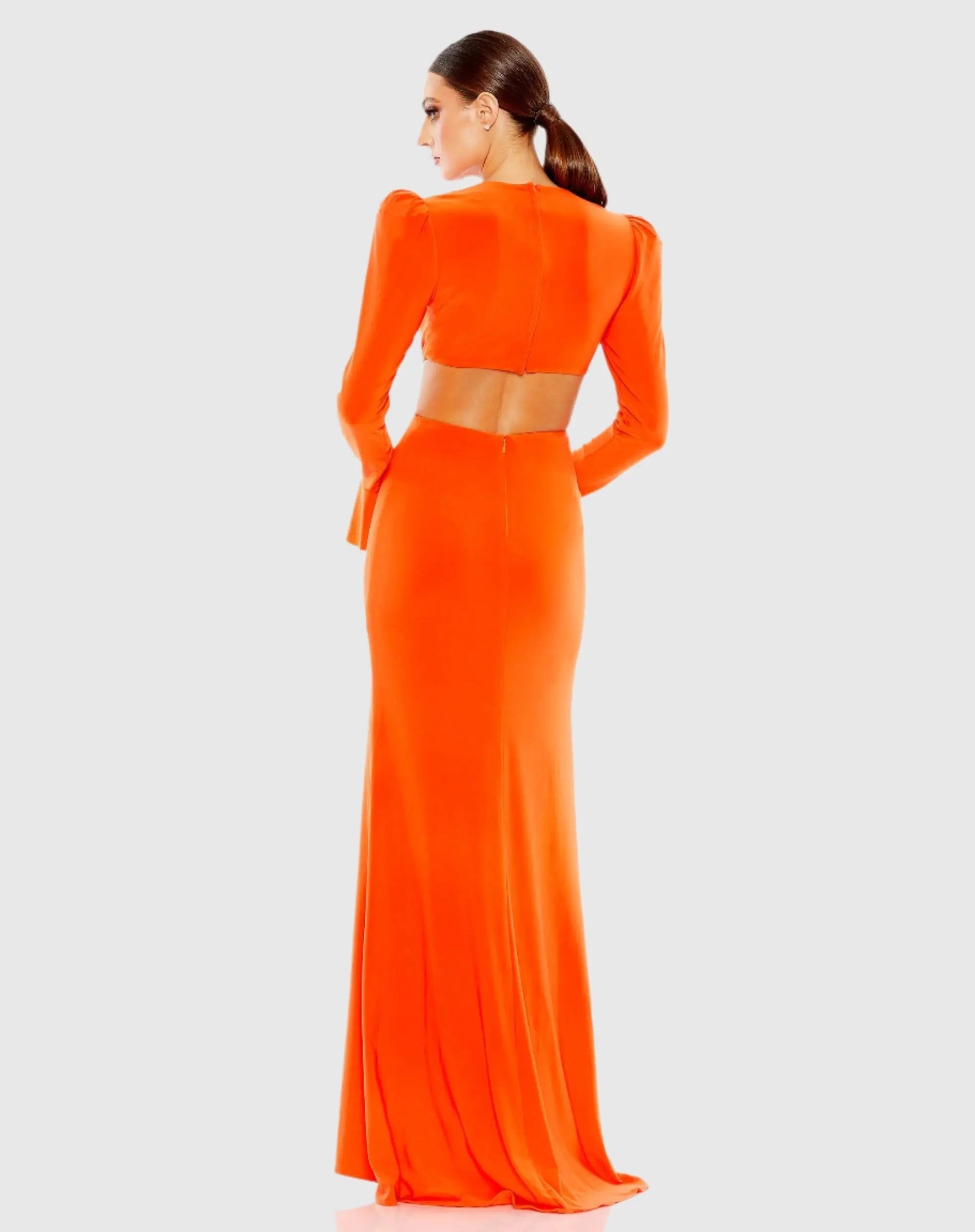 Orange Long Sleeve Puff Shoulder Cut Out Gown - FINAL SALE