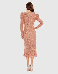 Orange Sequined Long Sleeve High Neck Trumpet Dress - FINAL SALE