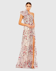 Pink Embellished One Shoulder A Line Floral Gown