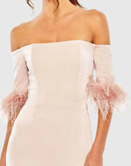 Pink Feather Trim Off The Shoulder Column Gown